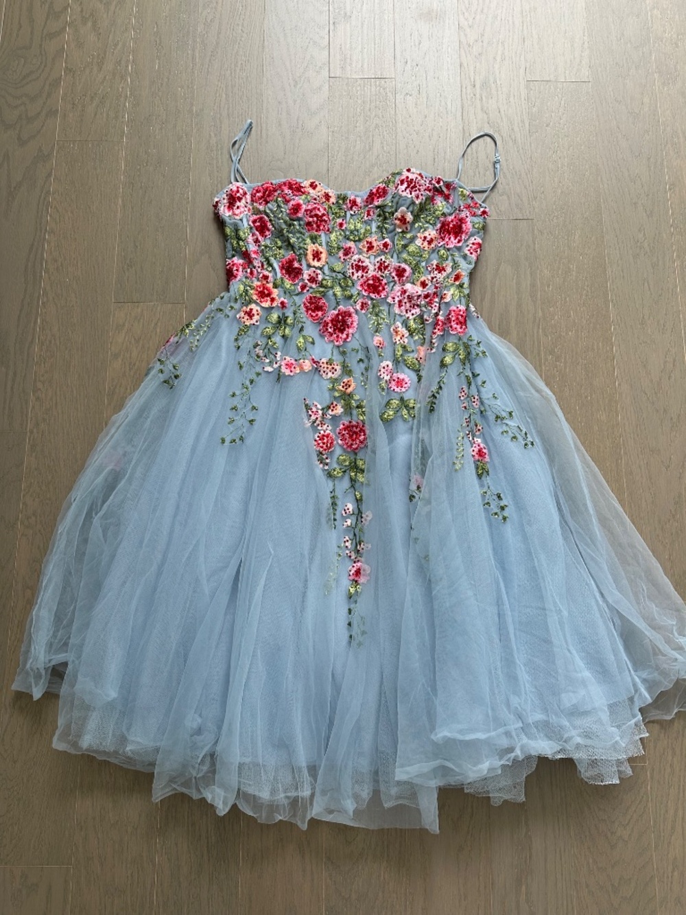 Ieena for Mac Duggal Powder Blue Tulle Midi Dress Embroidered Roses Bustier - 14 - Picture 2 of 11